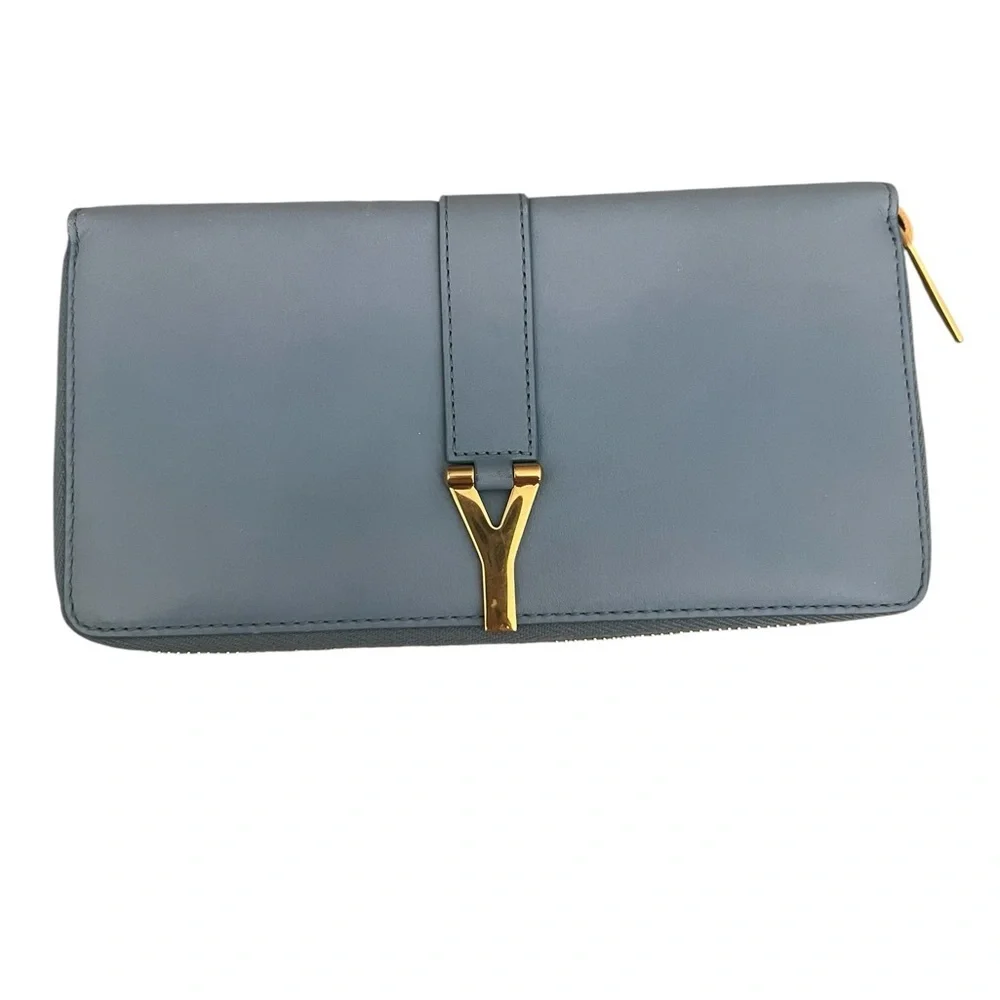 SAINT LAURENT Bleu Glacier Calfskin Leather Classic Y Zip Wallet - Picture 1 of 13